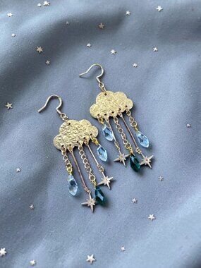 Unique Gold Cloud Dangle Earrings Chandelier Celestial Rain Drops Star Fairycore